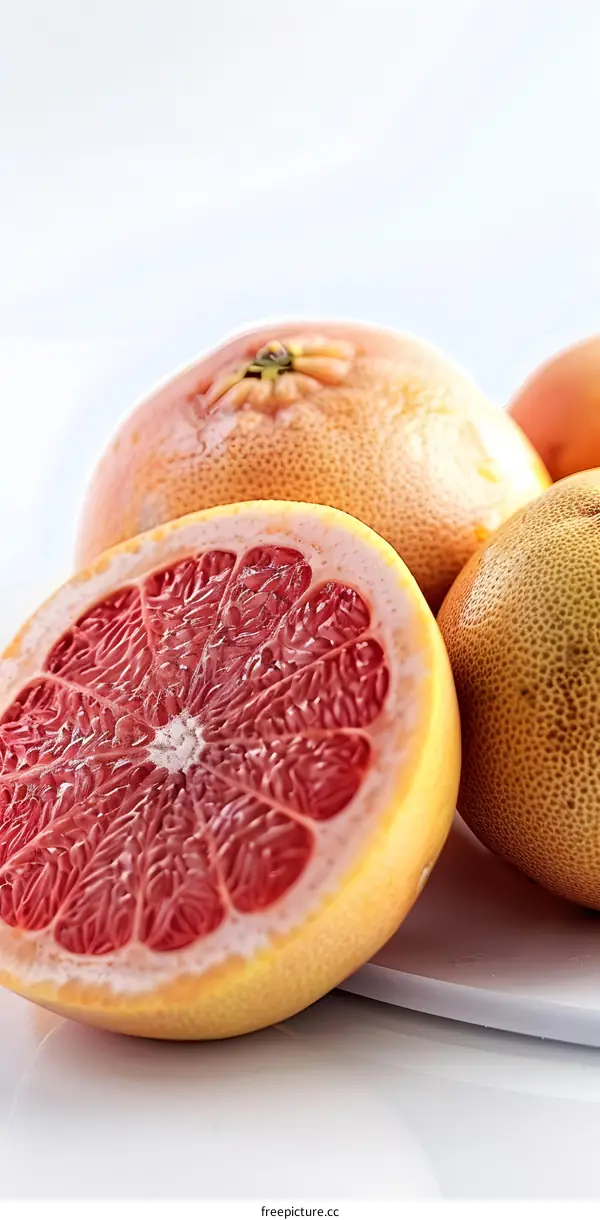 Fresh Red Grapefruit Slices On A White Background