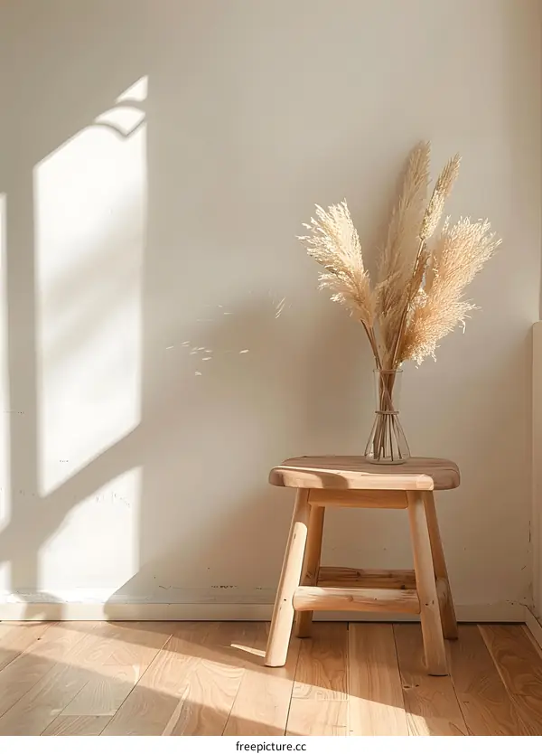 Minimalist Interior Design With Wooden Stool and Pampas Grass