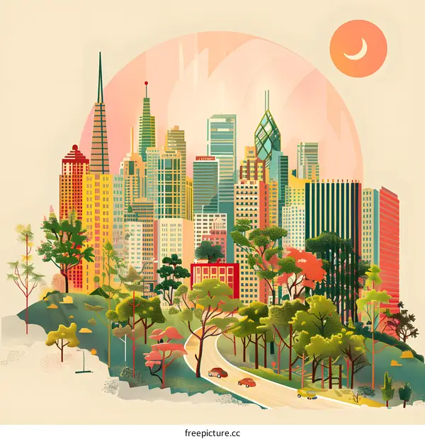 Cityscape Illustration with Trees and a Road in the Foreground