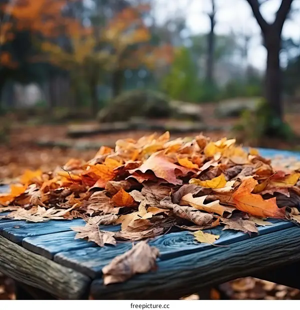 Colorful autumn leaves on a blue wooden table