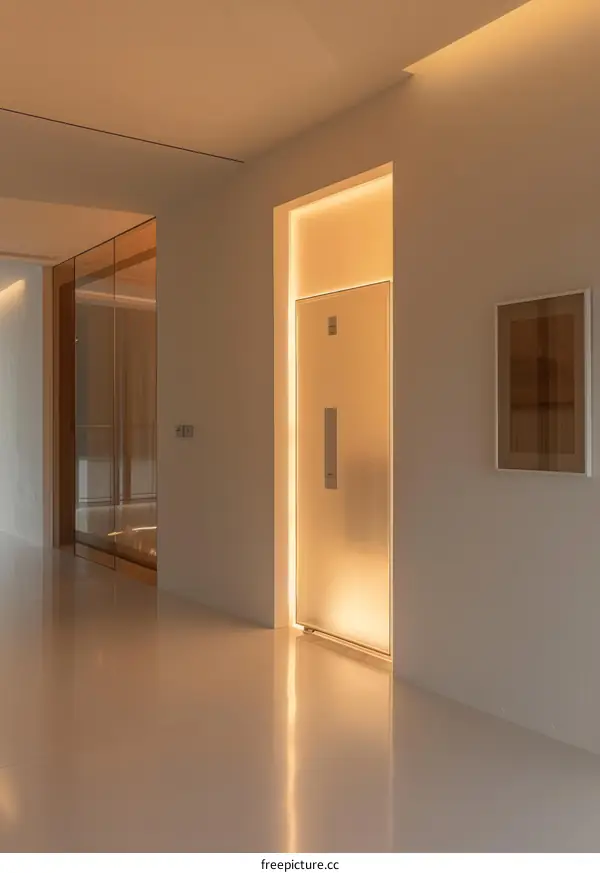An elevator with a frosted glass door and a painting next to it