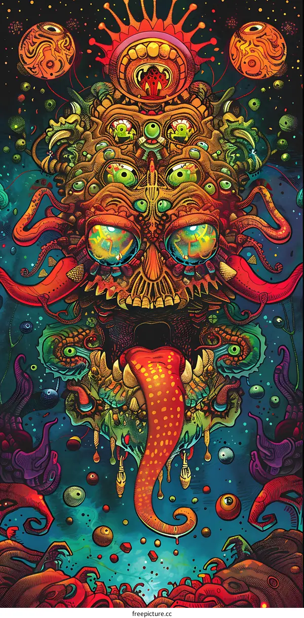 Psychedelic Digital Art Illustration of a Monster with Eyes and a Long Tongue