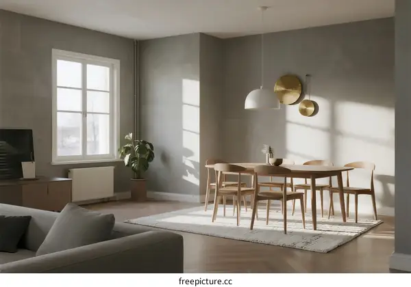 Modern living room with neutral tones and wooden furniture