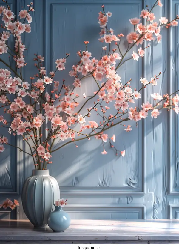 Elegant Pink Cherry Blossoms in a Light Blue Vase