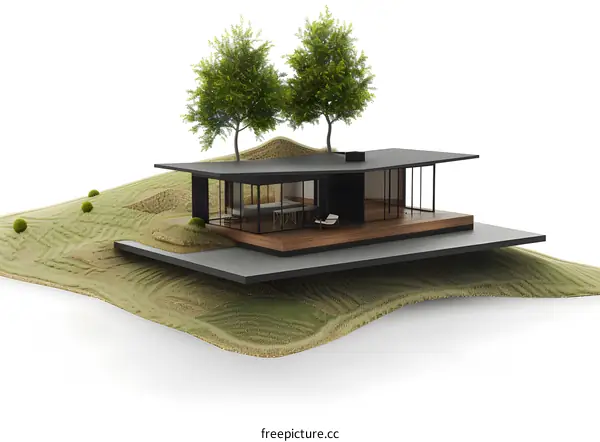 Modern Glass House 3D Render with Grass Landscape
