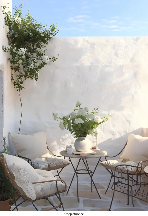 White Wall Patio With Flowers
