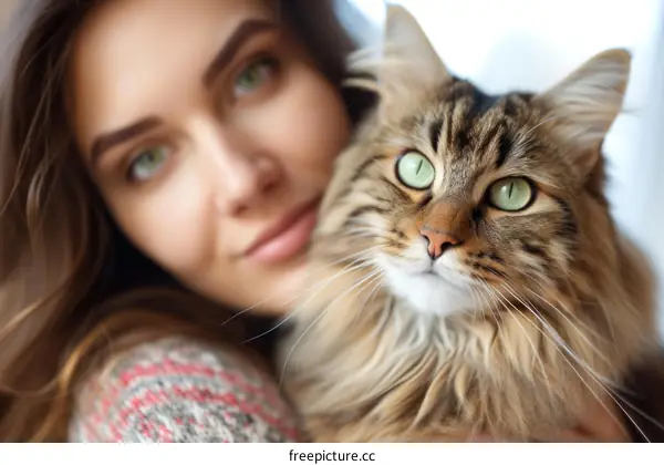 A beautiful young woman with long brown hair and green eyes is sitting on a couch and holding a large brown tabby cat with green eyes.