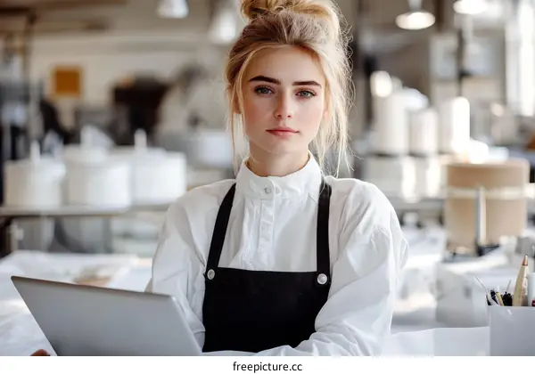 Young Woman Working on a Laptop in a Workshop Setting