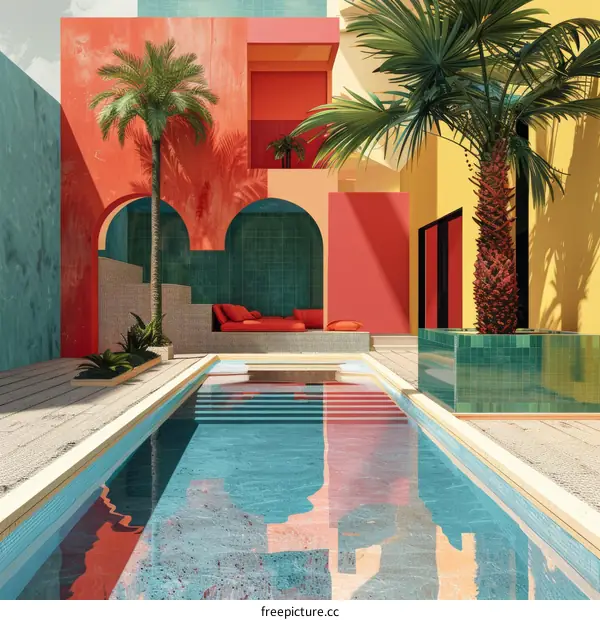 Surreal colorful courtyard with swimming pool