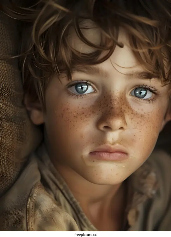 Portrait of a boy with freckles and green eyes