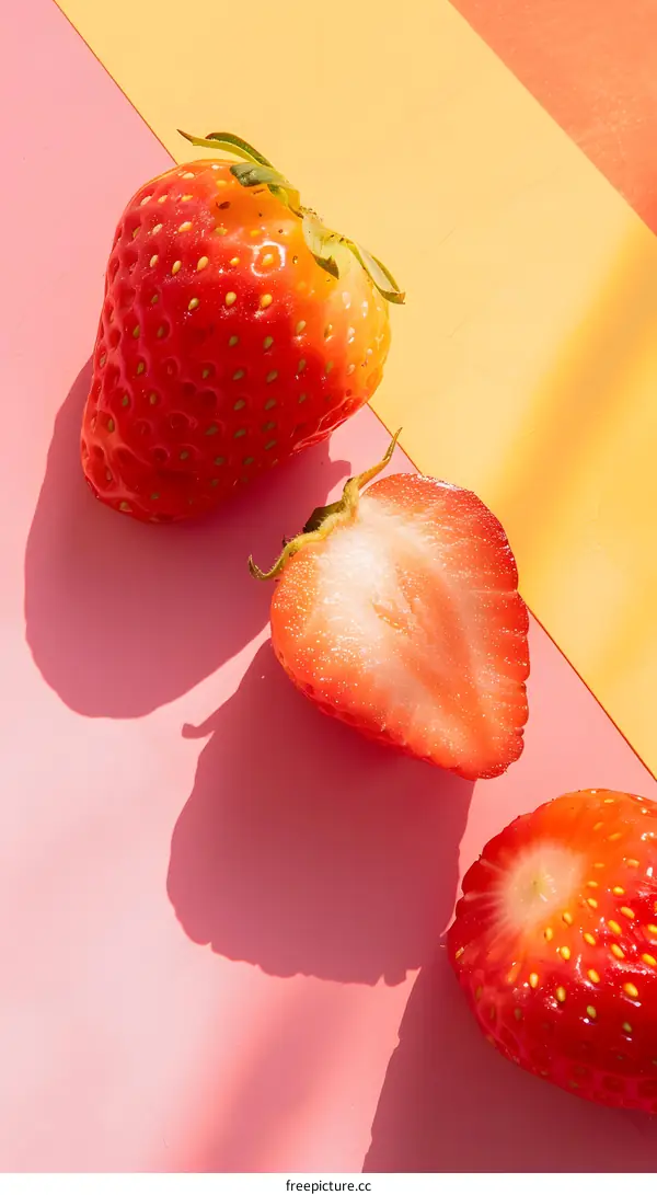 Three Fresh Strawberries on a Pink and Yellow Background