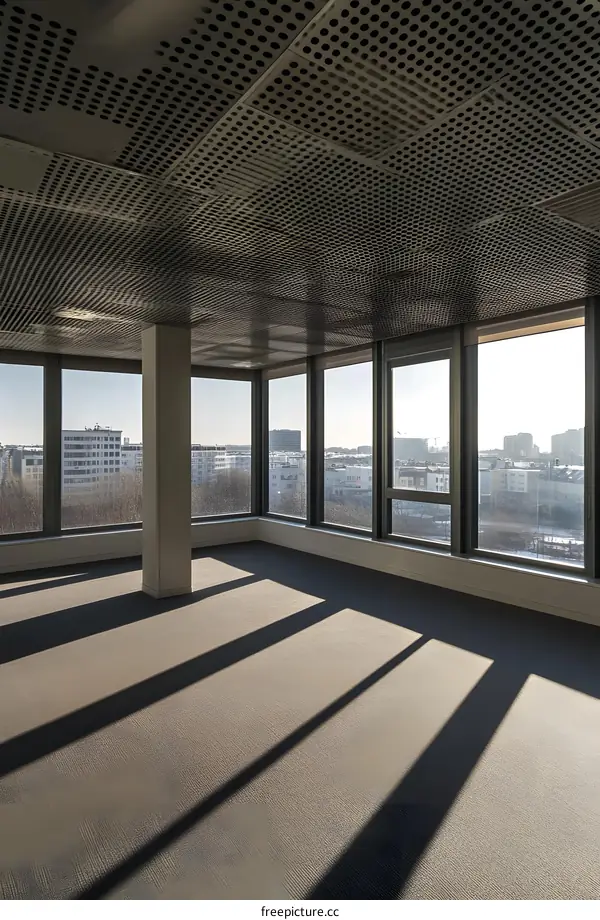 Modern Office Interior with Large Windows and City View