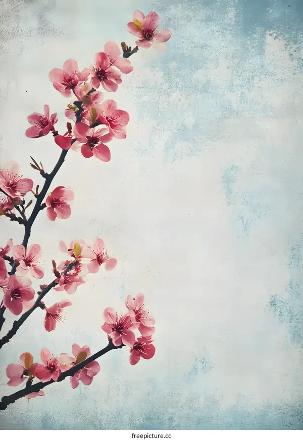 Pink Cherry Blossom Branch on a Light Blue Background