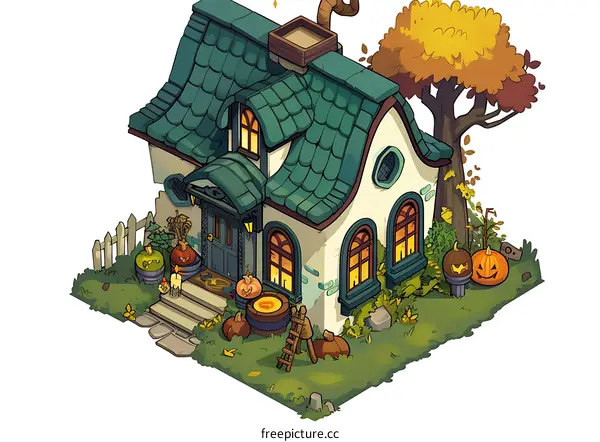 Halloween House with Pumpkins and a Tree