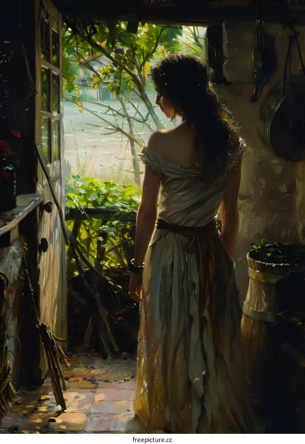 Woman in a Rustic Setting Looking Out a Doorway