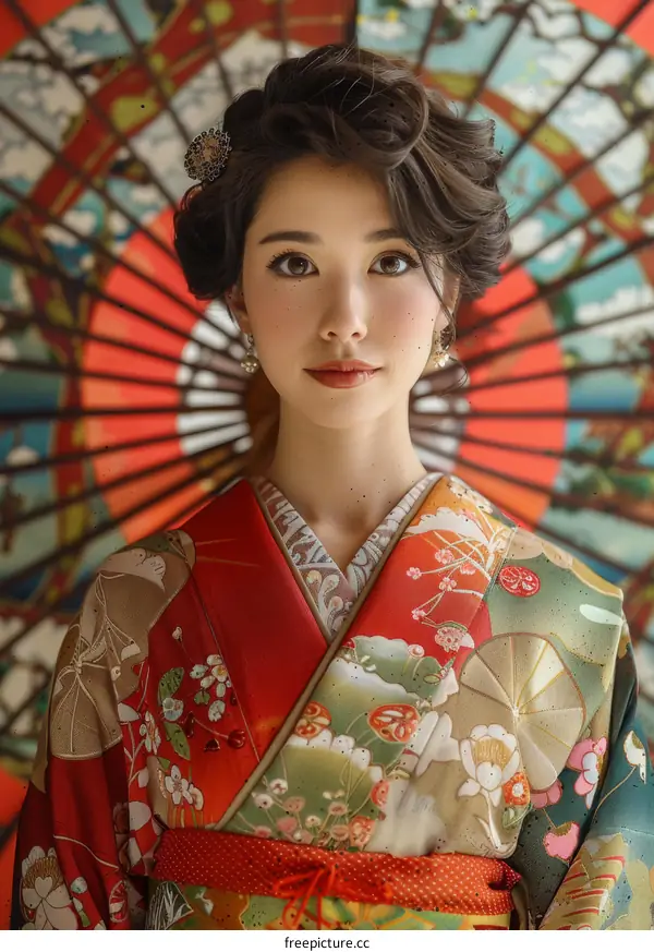 Japanese Woman in Traditional Kimono with Red and Gold Pattern
