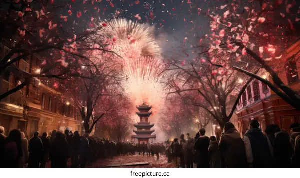 A crowd of people watching a fireworks show in a city street with cherry blossom trees