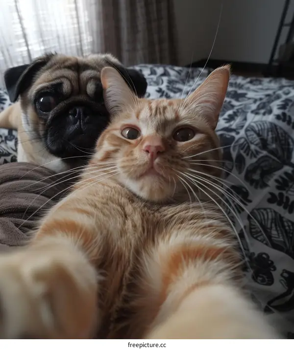 A ginger cat and a pug are lying on a bed and looking at the camera