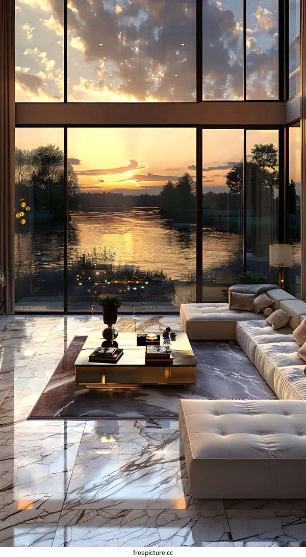 Luxury living room overlooking lake at sunset