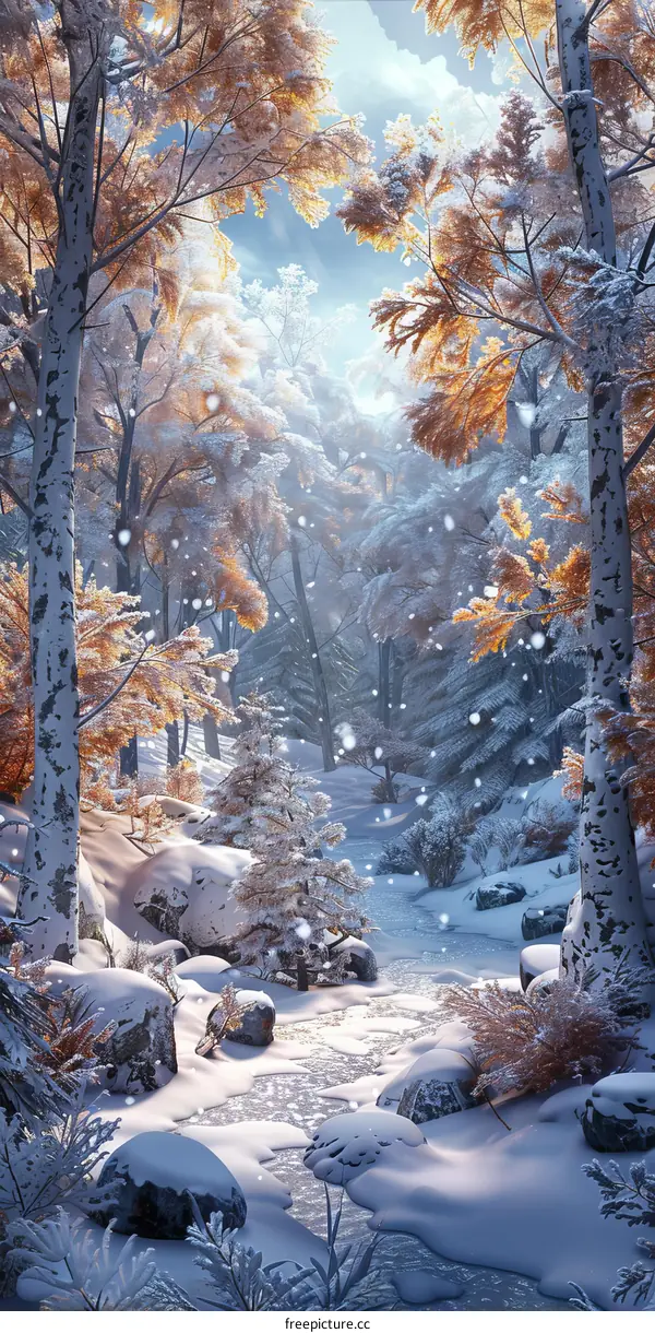 Sunlight Illuminates Snow-Covered Trees in a Winter Forest