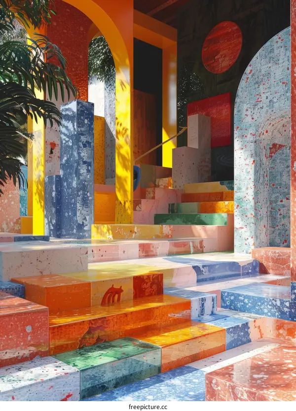 Vibrant colors and geometric shapes in an abstract architectural space