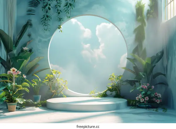 Empty podium with a round window and plants