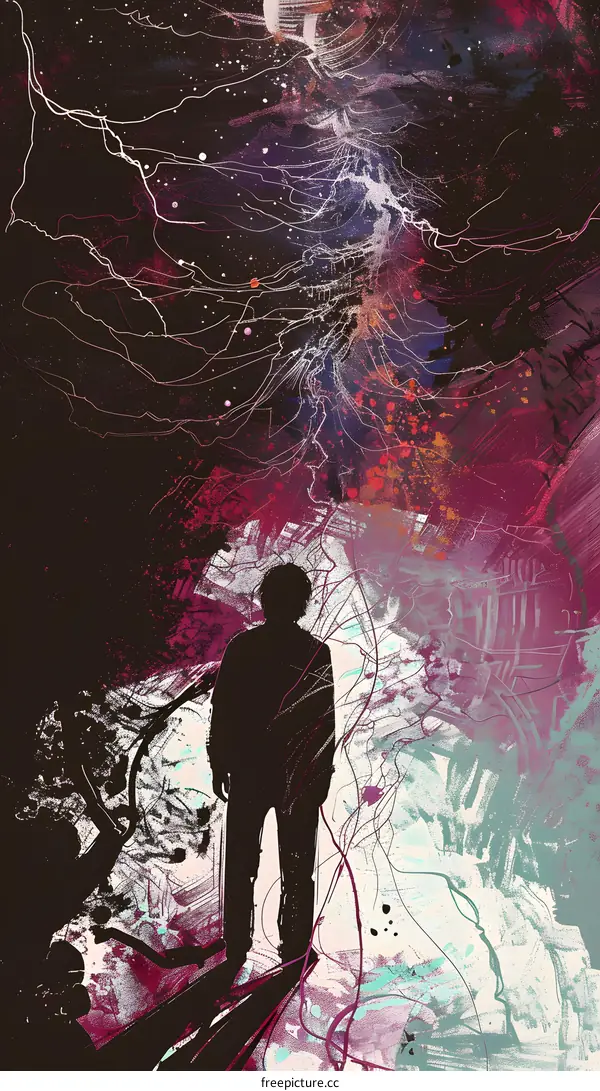 Silhouette of Man Standing in Front of Abstract Cosmic Artwork