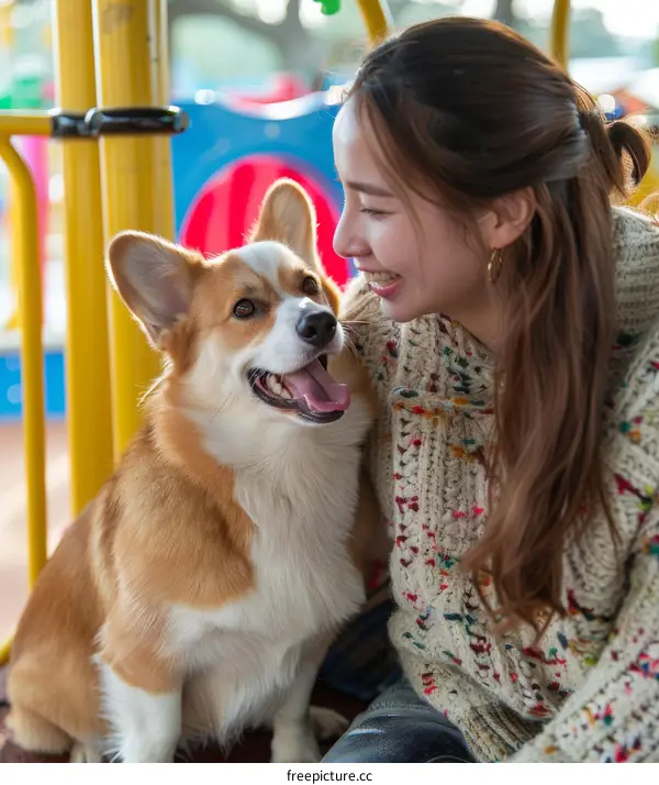 Asian woman smiling at a happy corgi dog