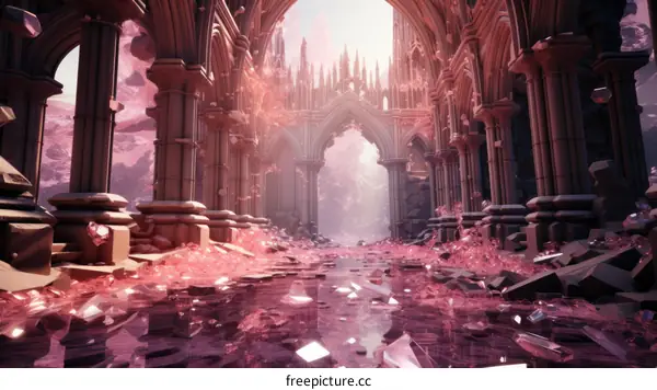 fantasy pink crystal palace ruins overgrown with pink flowers