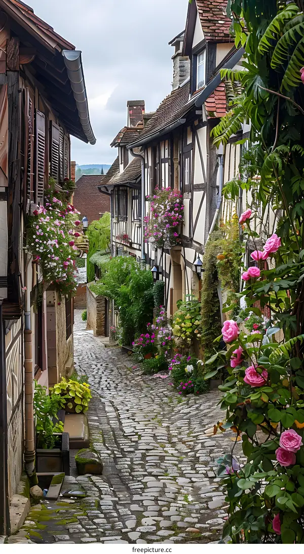 A narrow alley with half-timbered houses and flowers