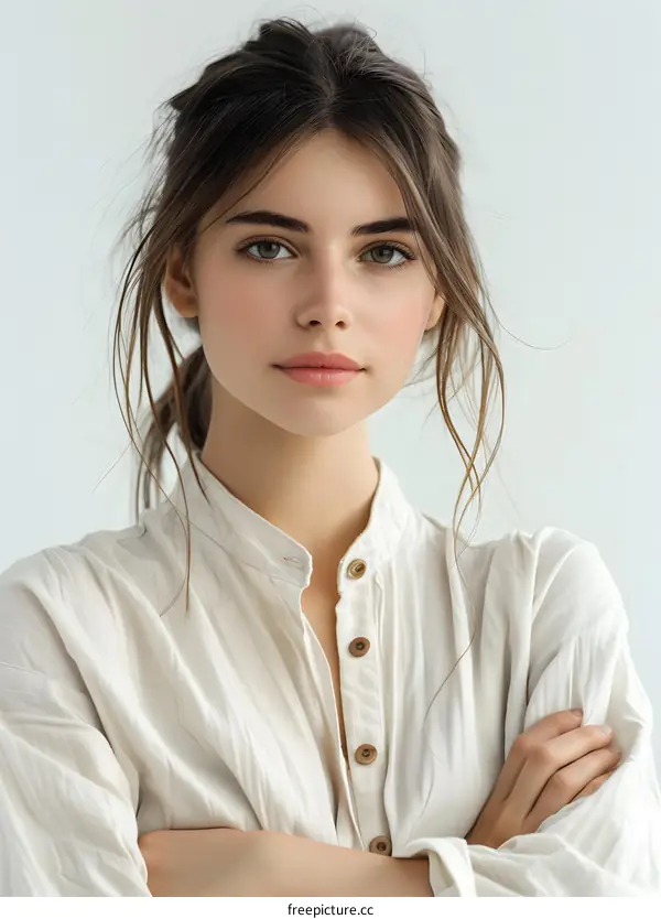 portrait of a young woman with brown hair and green eyes wearing a white shirt