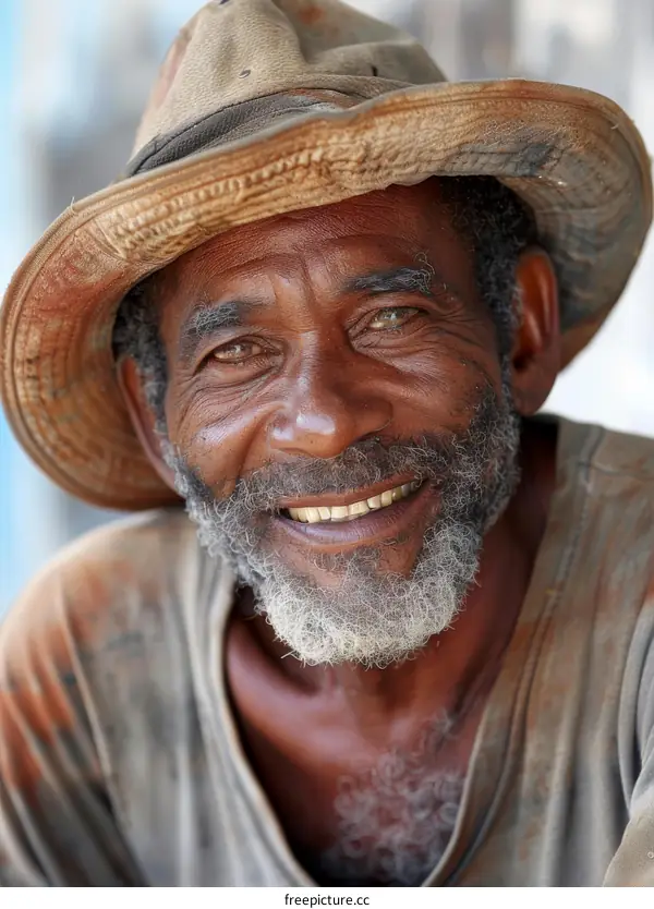 Portrait of a Smiling Elderly Man in a Straw Hat