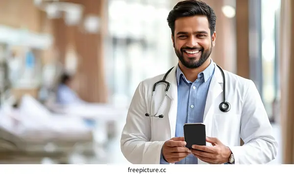 Smiling Doctor using Mobile Phone in Hospital