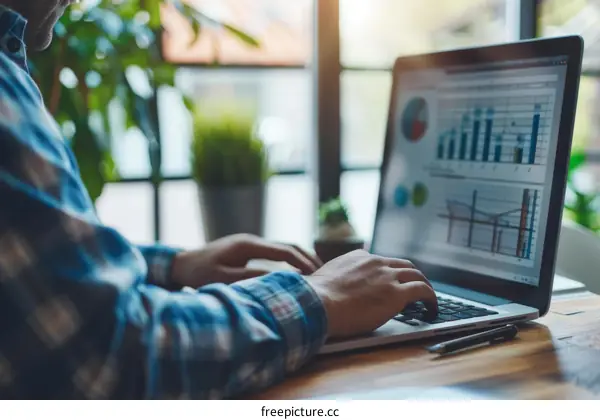 Businessman analyzing financial data on laptop computer screen