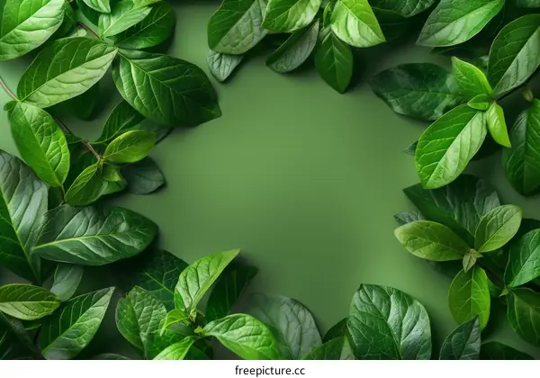 lush green leaves frame a dark green background