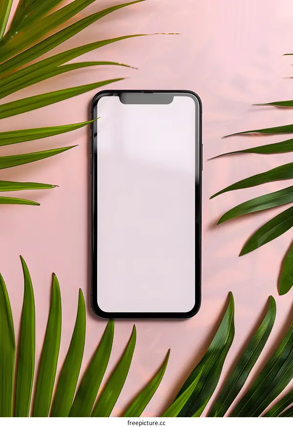Modern Smartphone Mockup with Palm Leaves on Pink Background
