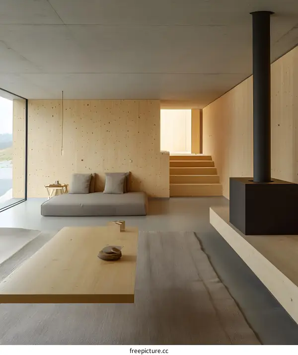 Modern Minimalist Living Room with Wooden Walls and Large Window
