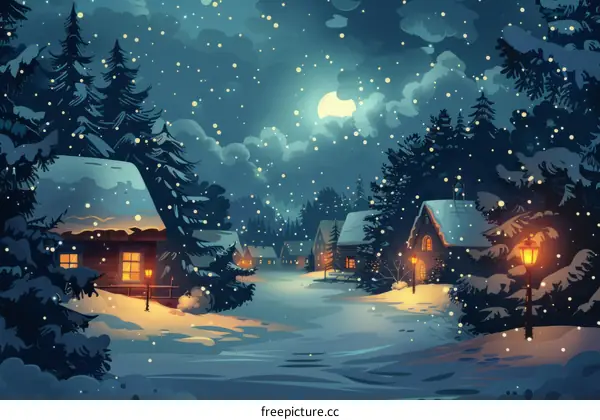 Snowy Village in the Mountains at Night