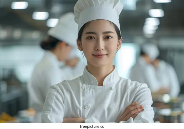 portrait of a young asian female chef in a commercial kitchen