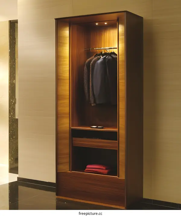 Wooden Closet With Lights And Shelves For Clothing Storage