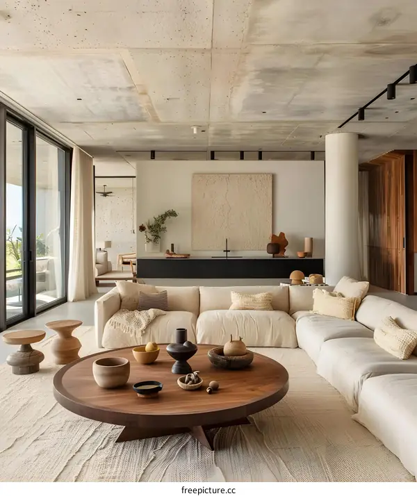 Modern Interior Design with Neutral Color Palette and Concrete Ceiling