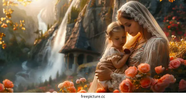 An ethereal mother and child in a magical garden