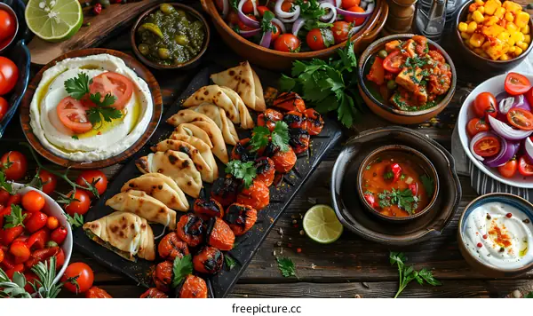 Middle Eastern Food Platter with Hummus, Grilled Tomatoes, and Pita Bread