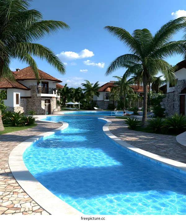 Tropical Resort with Swimming Pool and Palm Trees