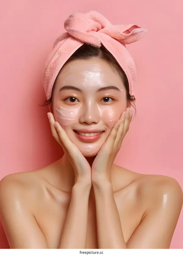Happy Asian Woman with a Face Mask on a Pink Background