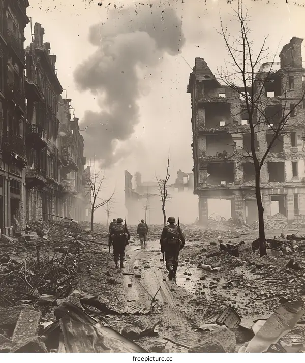 American soldiers walking through the ruins of a German city during World War II