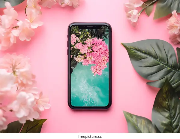 Pink Flowers and Green Leaves Surrounding A Phone Displaying a Tropical Beach