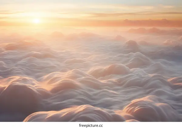 Surreal pink cloudscape with a bright shining sun peeking through the clouds