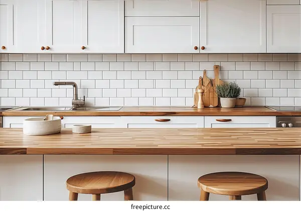 Bright and Airy Kitchen With White Cabinets and Butcher Block Countertops