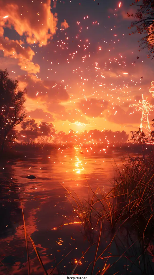 Fiery Sunset Over the Lake